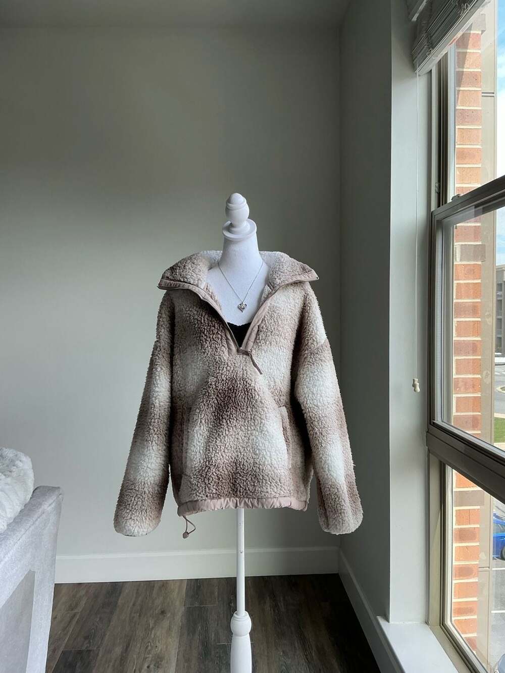 Abercrombie & Fitch Plaid Sherpa Quarter Zip Jacket Soft AF Cozy Cream Large L